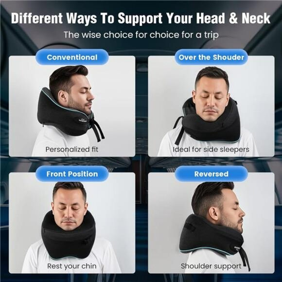 Memory Foam Travel Neck Pillow for Airplane 360 Support Compact Flight Headrest - Picture 3 of 7